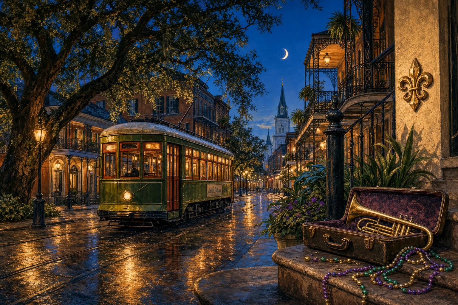 New Orleans streetcar at twilight beneath live oaks, iron balconies, beads, a fleur-de-lis, and a trumpet case