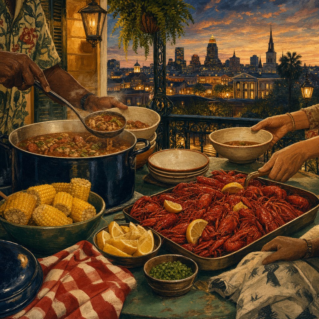 Gumbo and crawfish set out for a New Orleans gathering at sunset