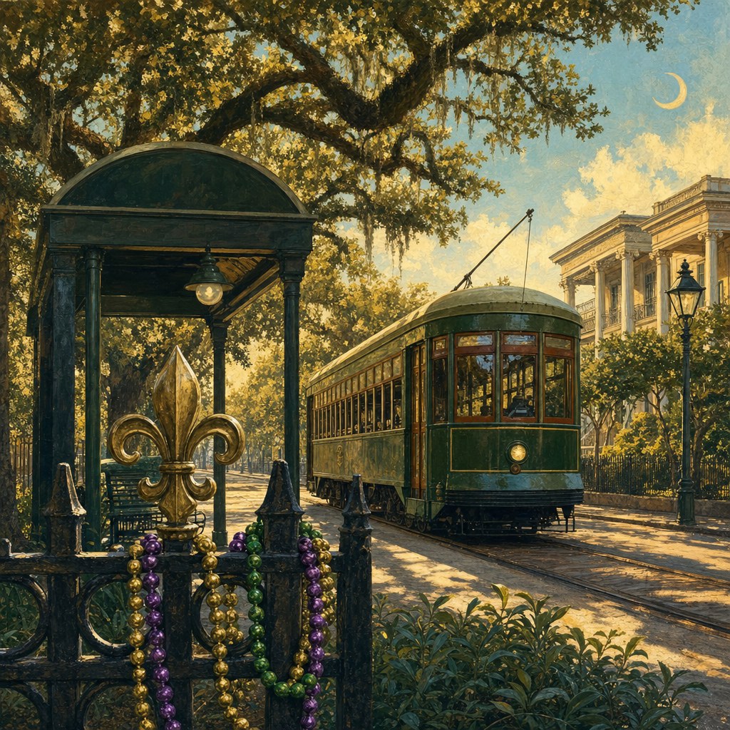 Green New Orleans streetcar beneath a live oak canopy with a fleur-de-lis and Carnival beads