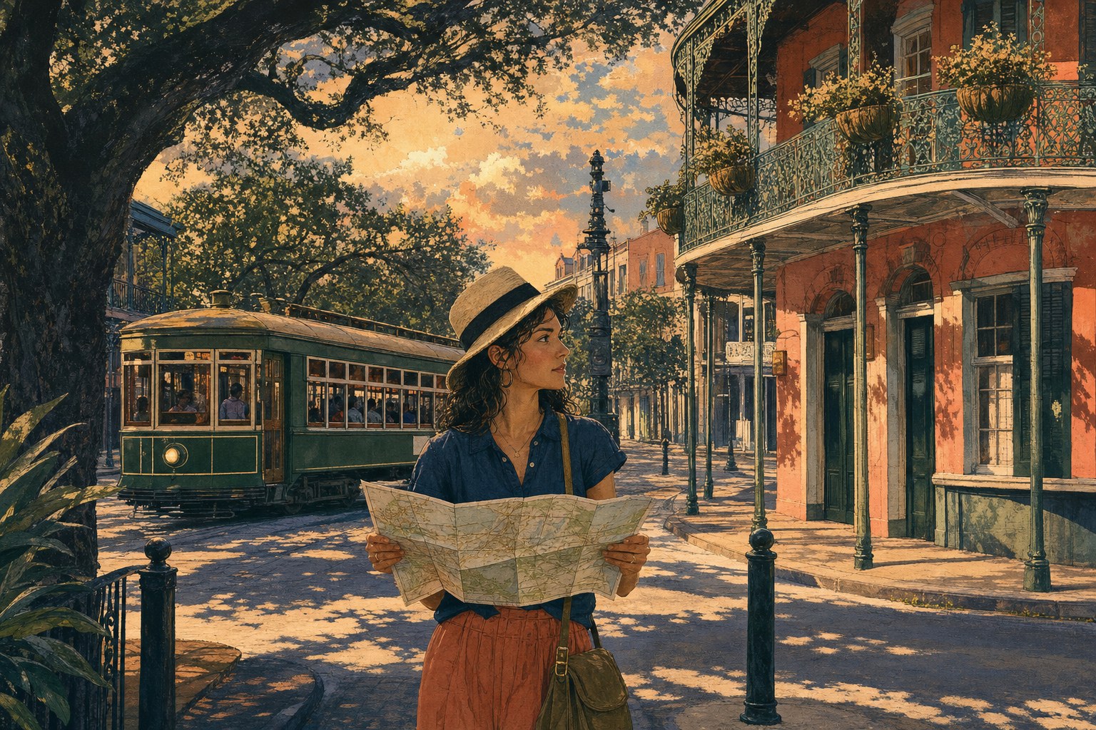Traveler holding a map beside a New Orleans streetcar and an iron balcony