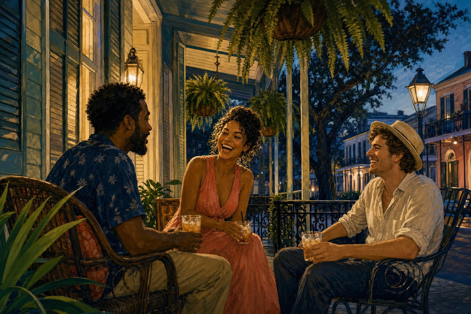 Friends talking on a New Orleans porch at dusk