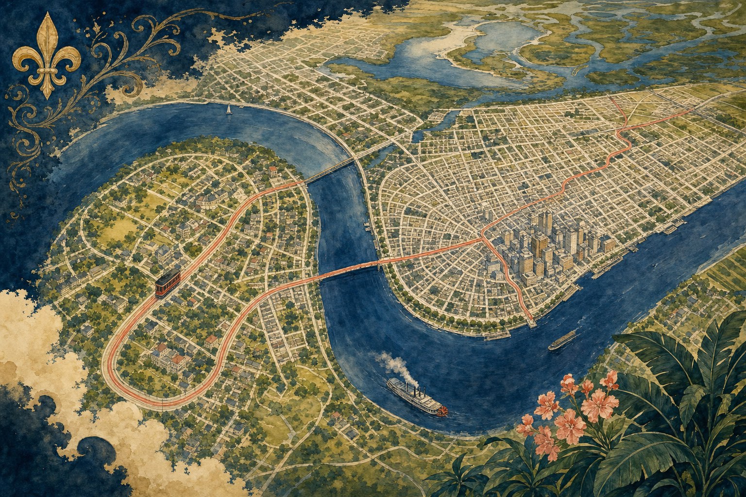Illustrated view of the Mississippi River curving through New Orleans