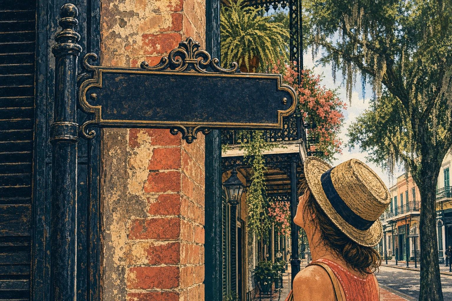Visitor looking up at an ornate street sign in New Orleans