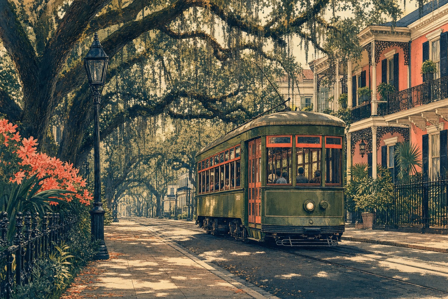 Green streetcar traveling beneath live oaks in New Orleans
