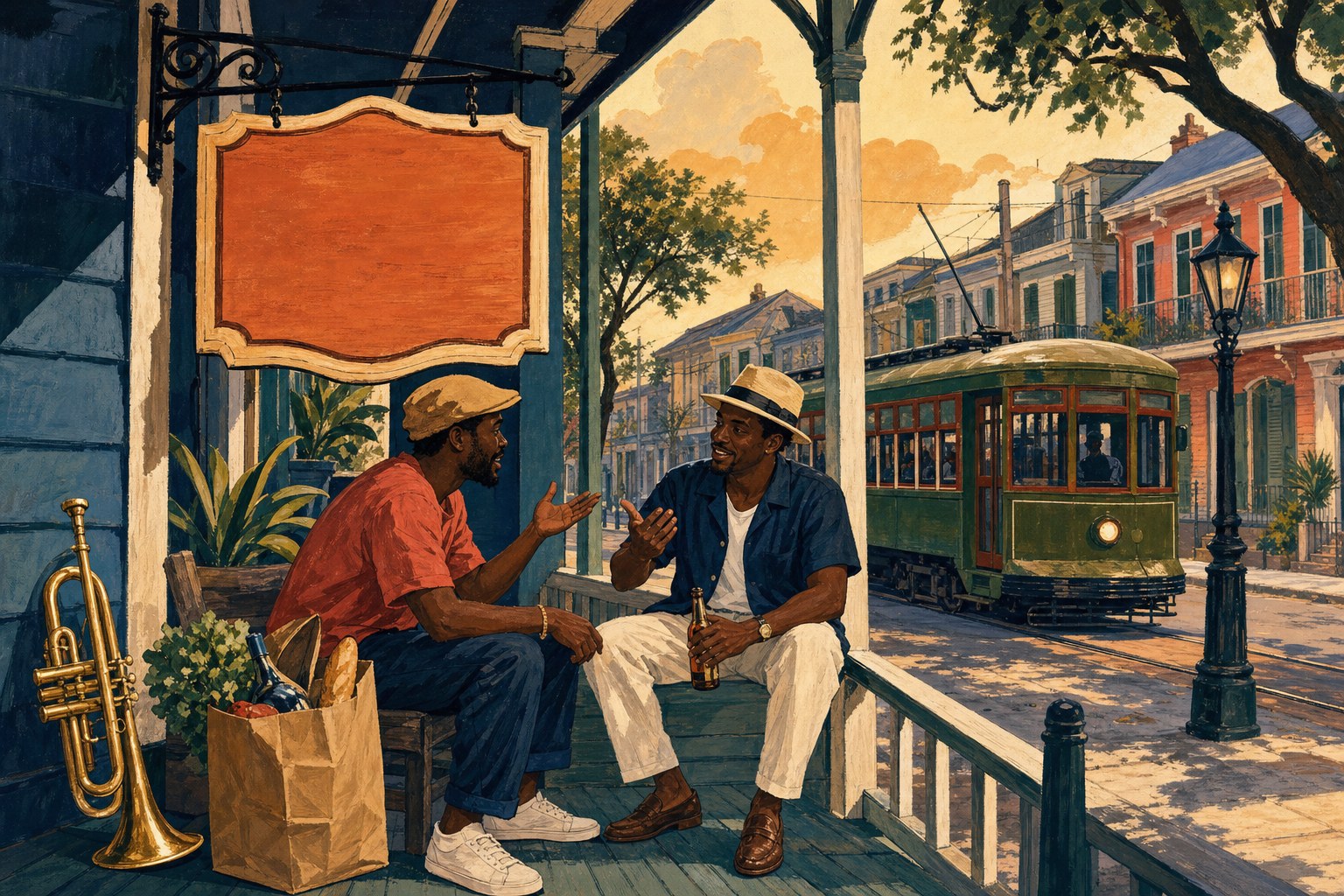 Illustration of two friends talking on a New Orleans porch as a streetcar passes