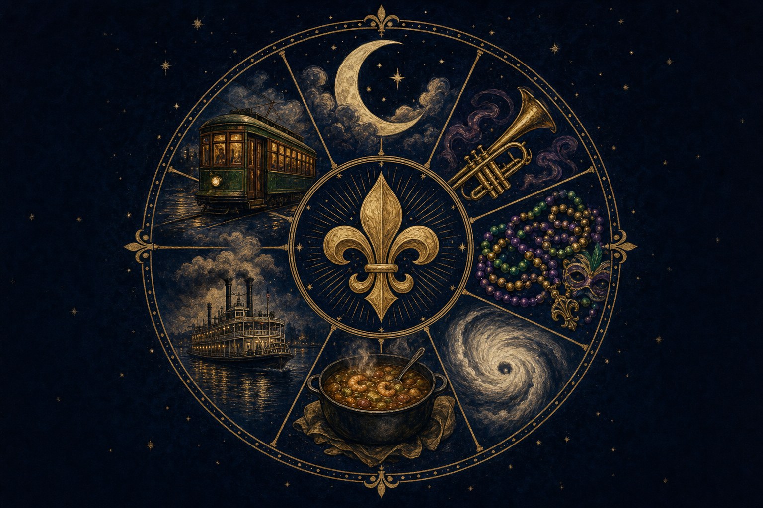 Illustrated zodiac wheel of New Orleans symbols including a streetcar, trumpet, riverboat, beads, gumbo, hurricane, and fleur-de-lis