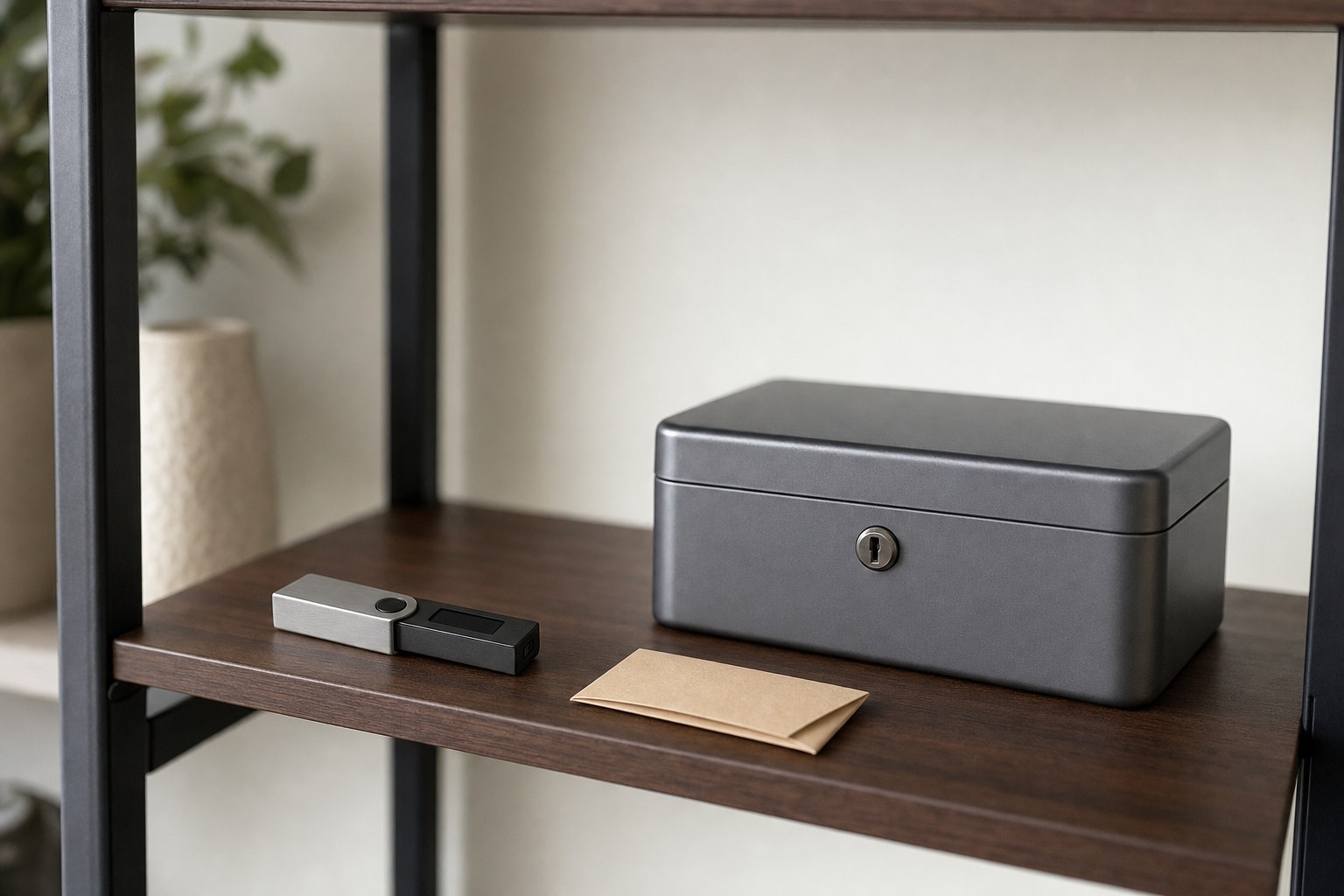A generic hardware security device, document box, and sealed envelope stored separately on a shelf