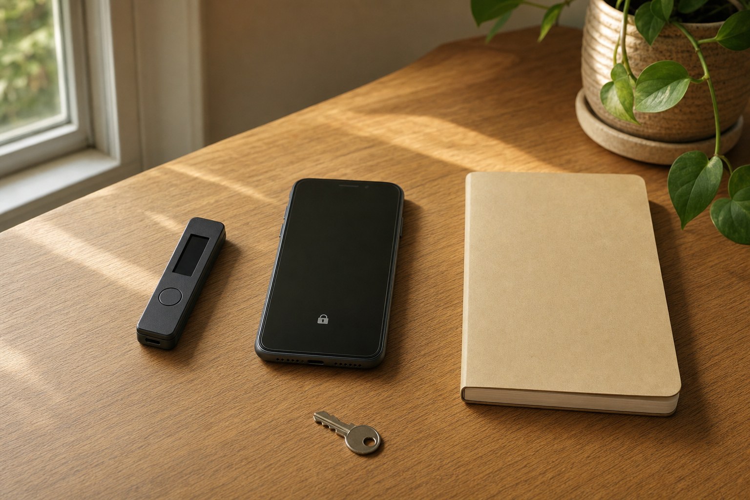 A generic hardware security device, locked smartphone, notebook, and key on a wood desk