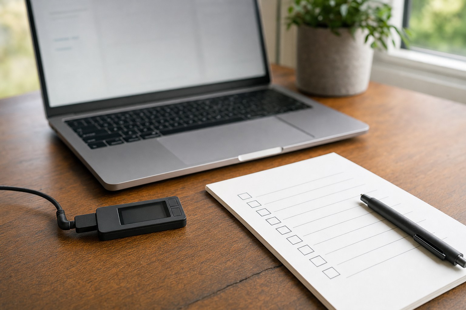 A generic hardware security device beside a laptop and paper checklist