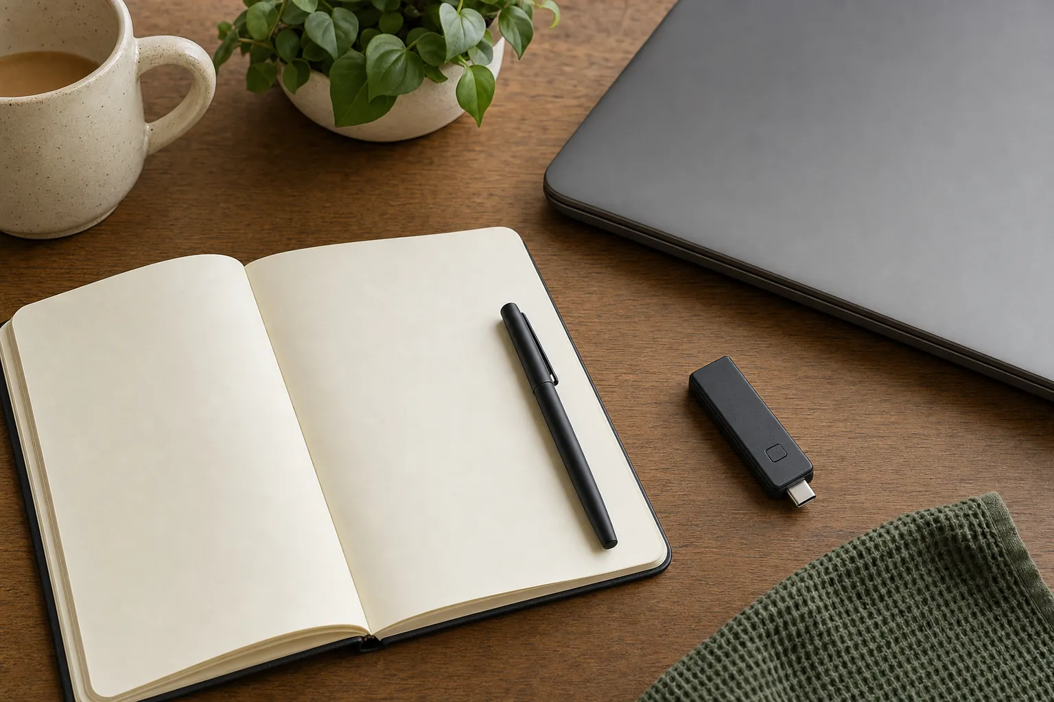 A blank notebook, laptop, and generic hardware security device on a desk