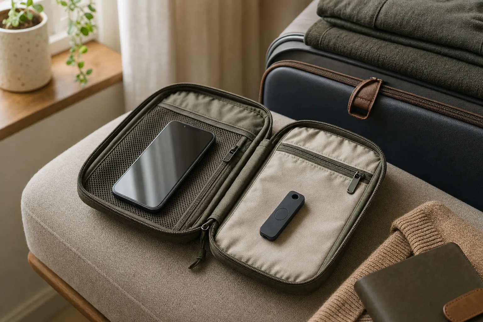 A smartphone and generic hardware security device stored separately in an open travel organizer