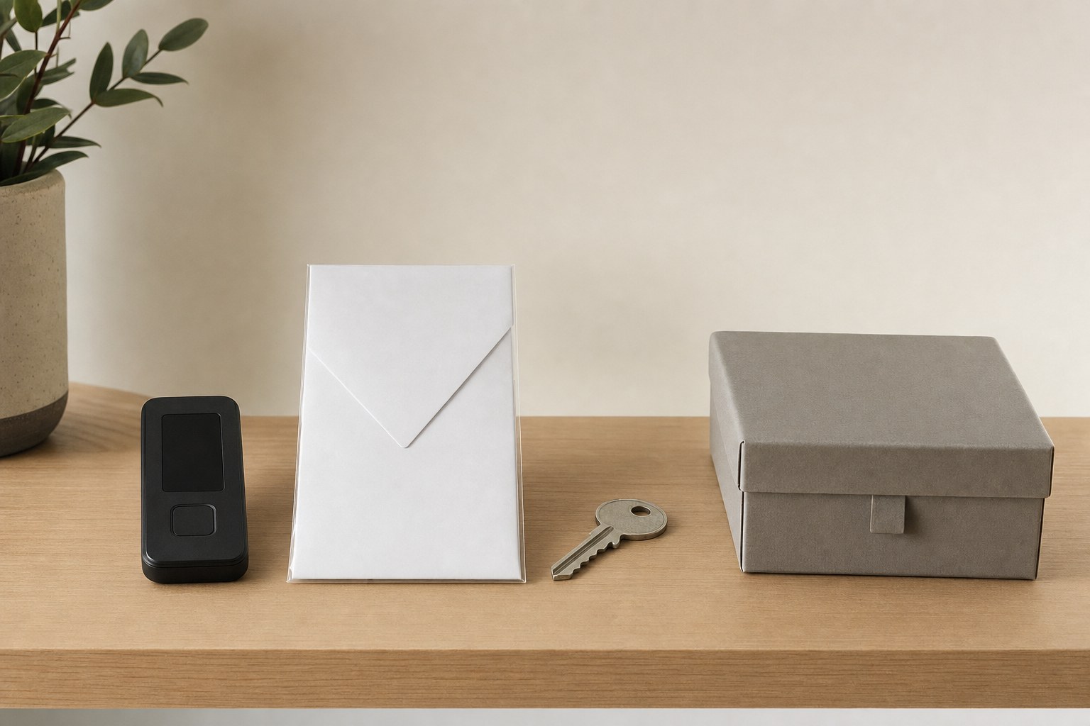 An unbranded hardware security device, paper envelope, key, and document box stored separately on a shelf