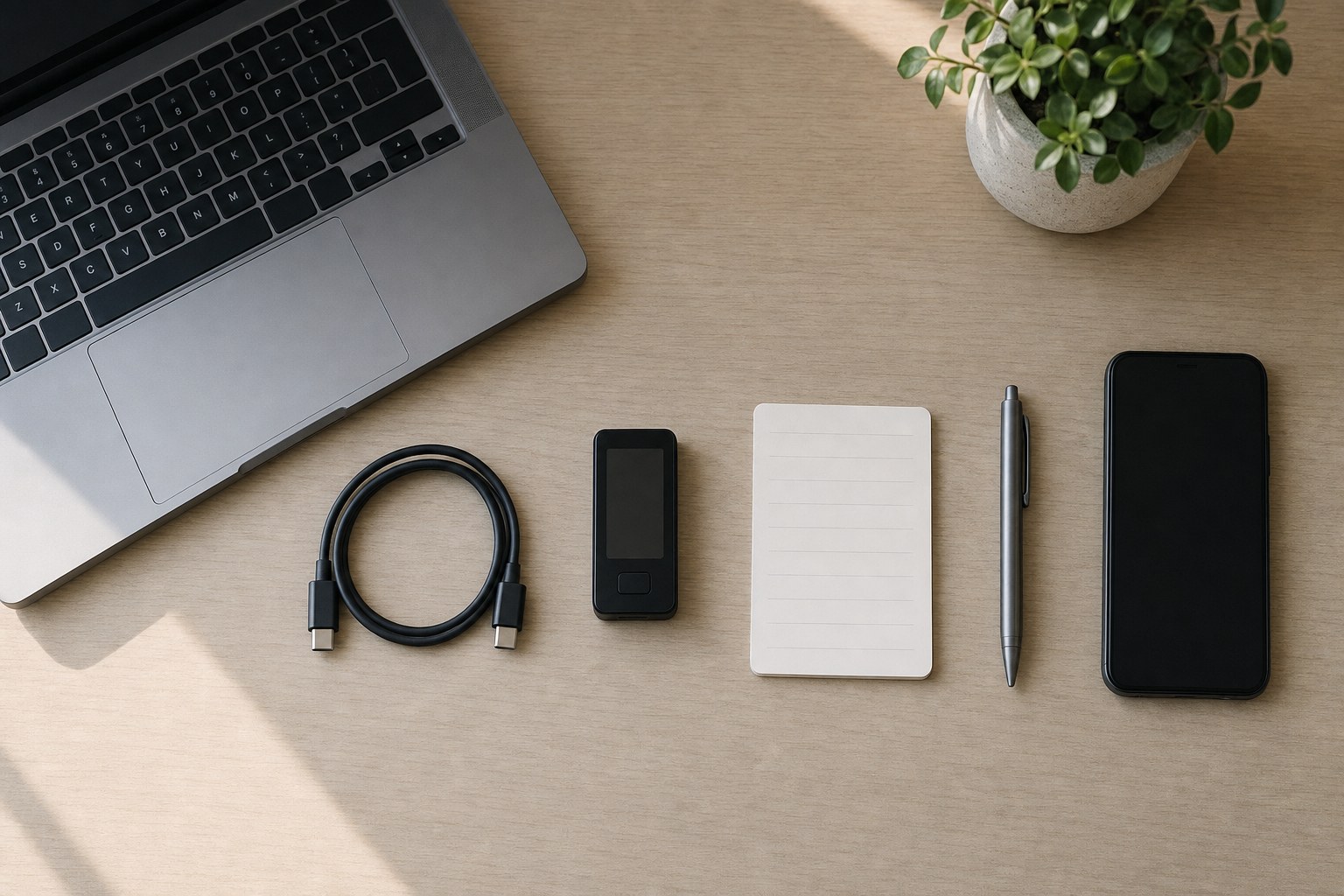 An unbranded hardware security device, laptop, phone, cable, and blank paper backup card on a wood desk