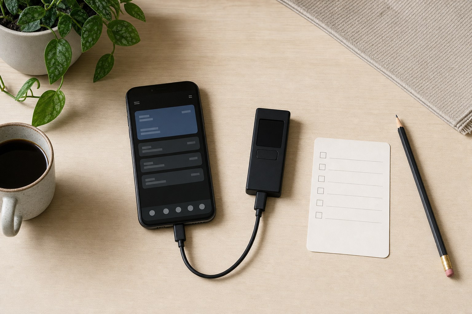 An unbranded hardware security device connected to a smartphone beside a blank checklist