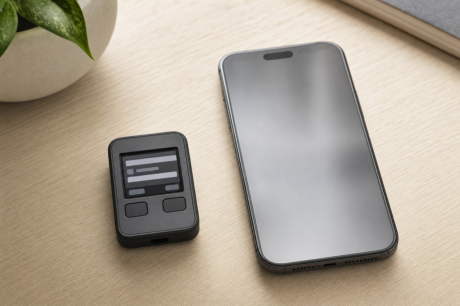 An unbranded hardware security device beside a smartphone on a wood desk