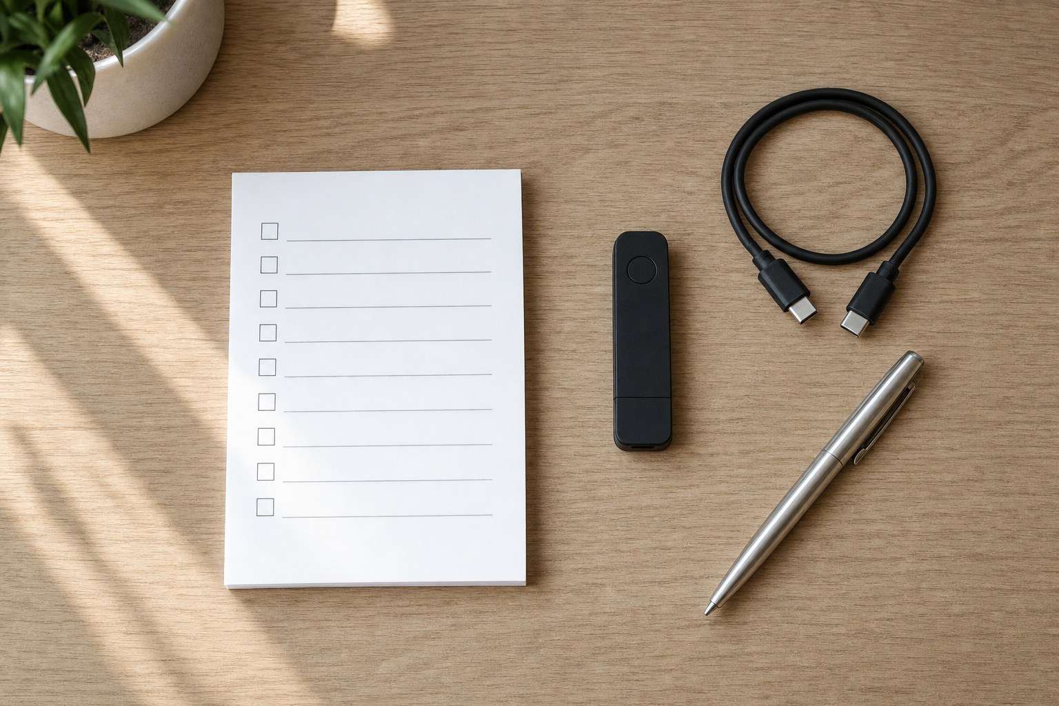 A blank checklist, generic hardware security device, USB-C cable, and pen on a light wood desk