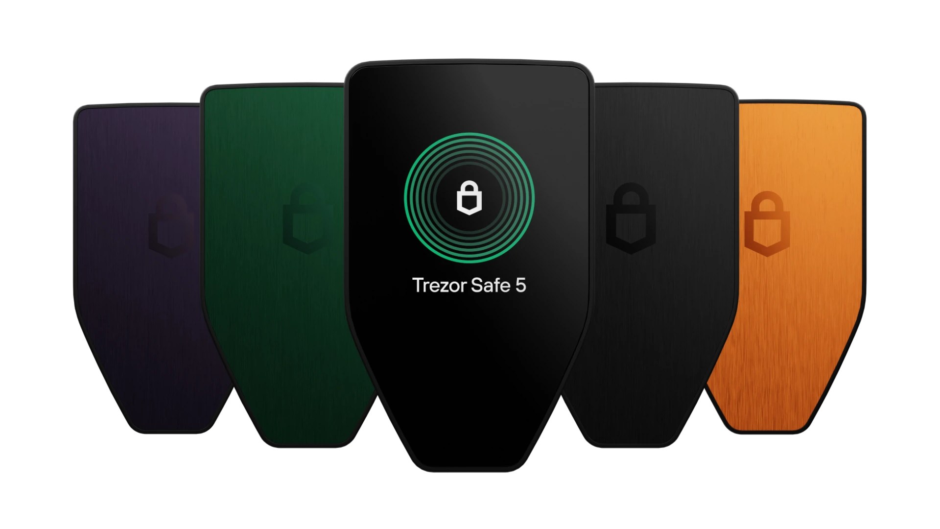 Trezor Safe 5 hardware wallets in several finishes, with a black device in front
