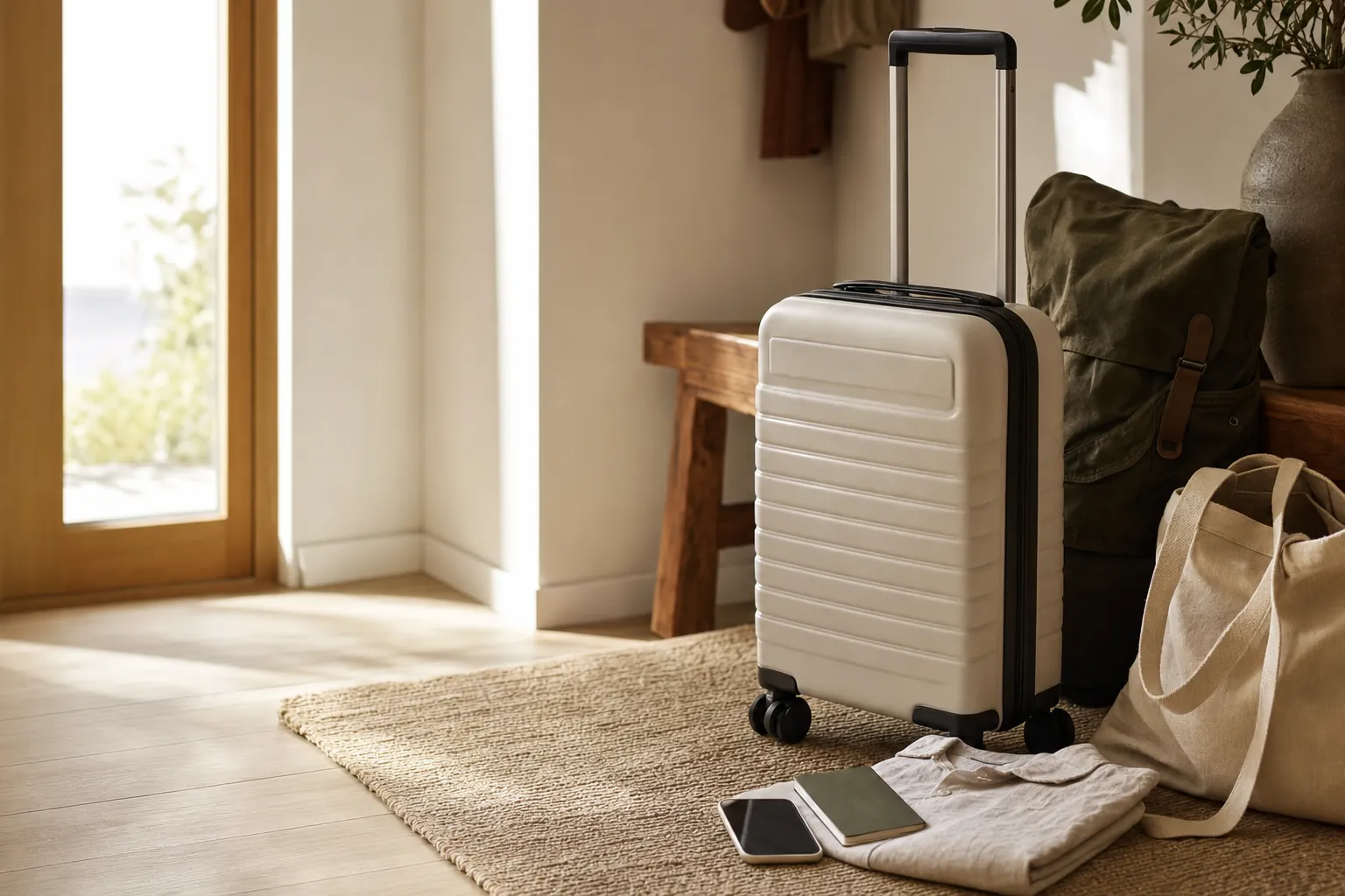 Neutral carry-on suitcase and travel bag in a warm entryway