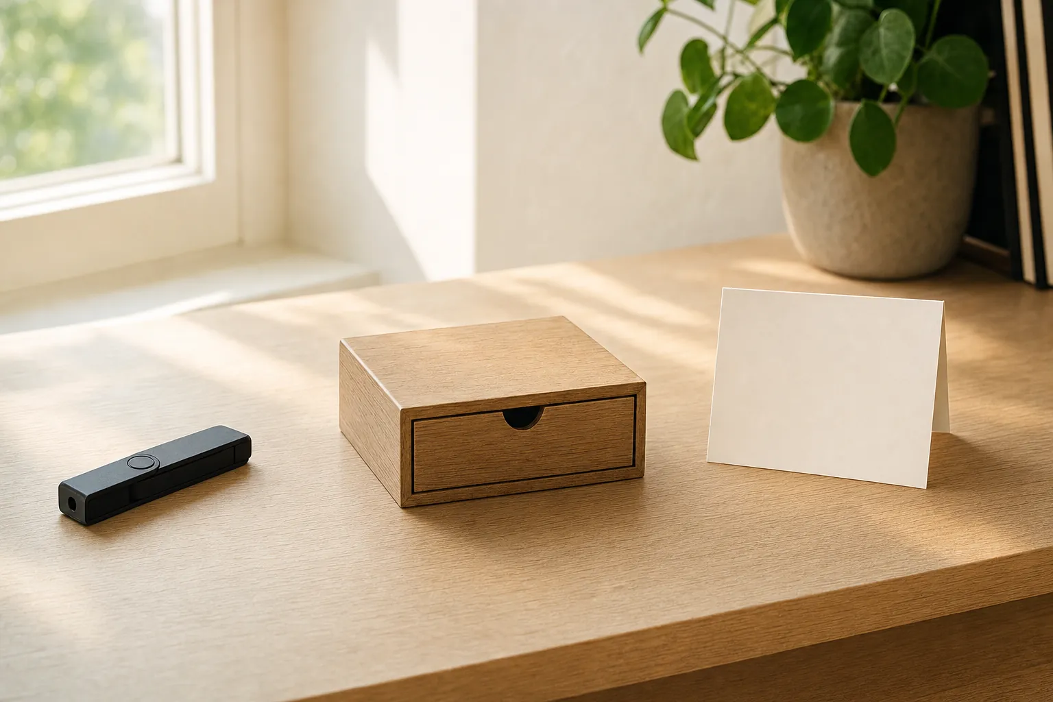 A generic hardware security device and blank paper backup card stored separately beside a small desk drawer