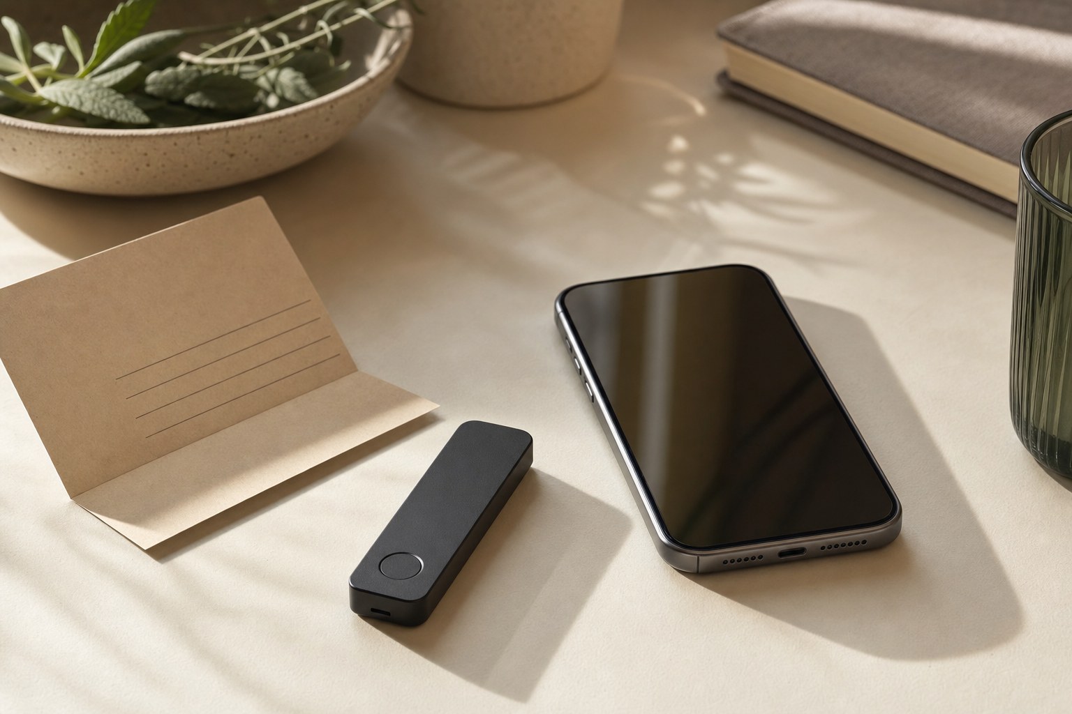 A generic security device beside a blank smartphone and paper backup card on a desk