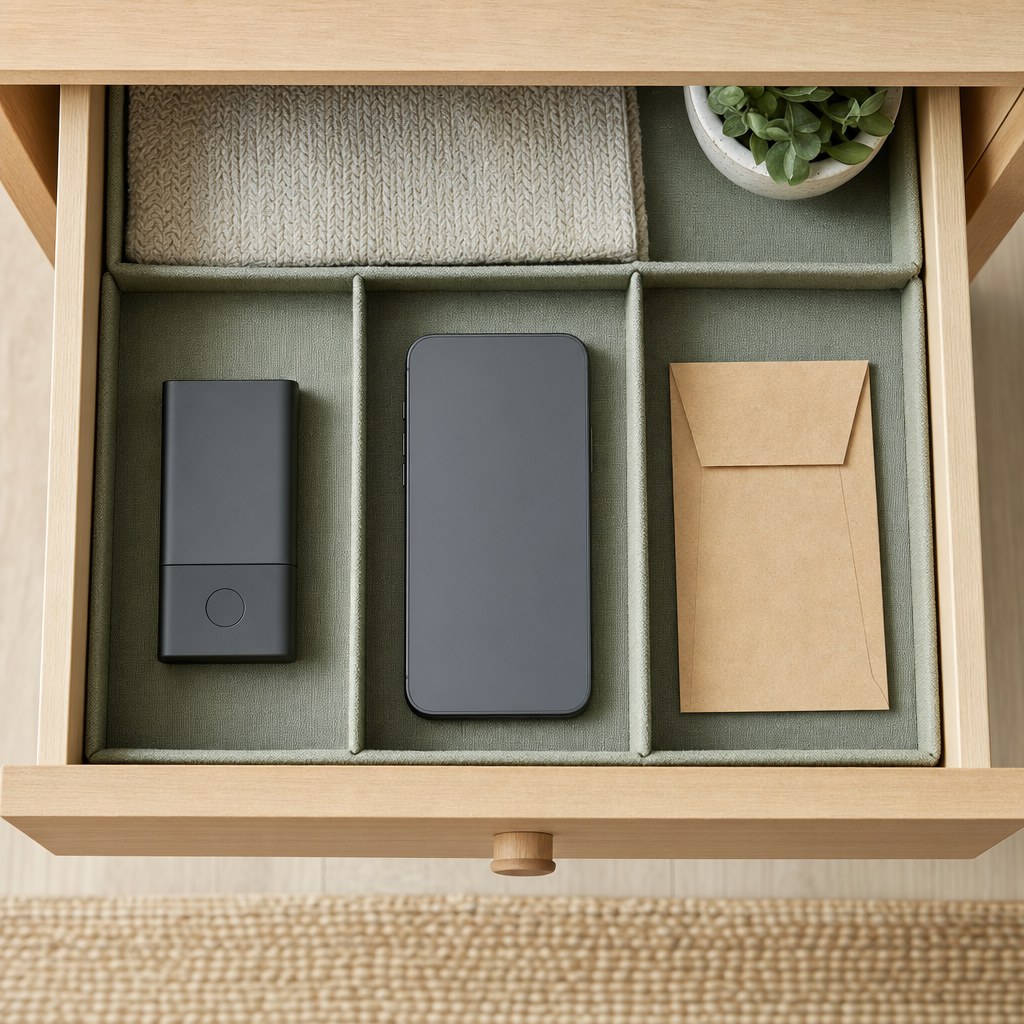 A generic security device, blank smartphone, and paper envelope stored separately in a desk drawer