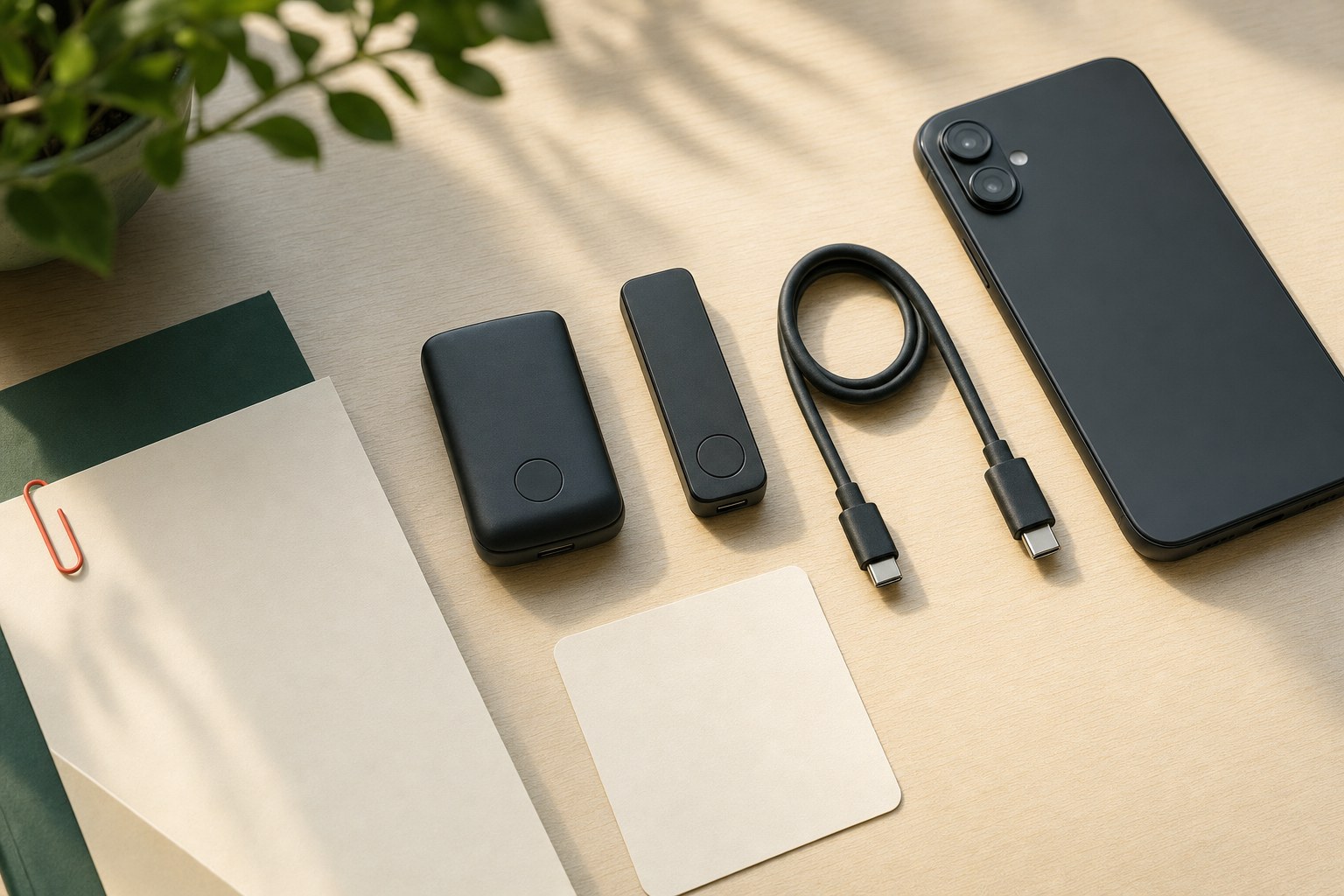 Two generic hardware security devices beside a USB-C cable and a smartphone on a pale wood desk
