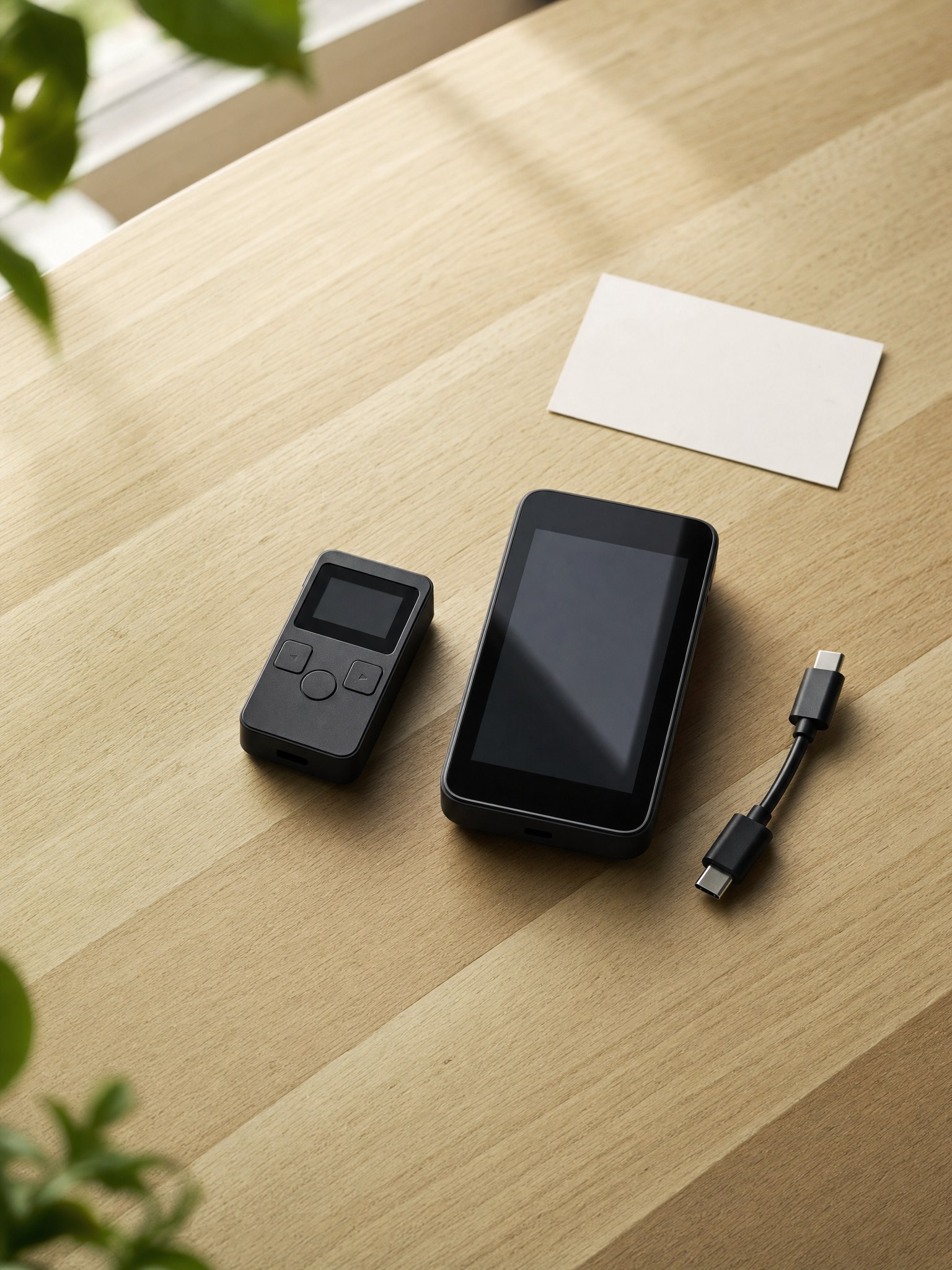 Two generic hardware security devices with different screen sizes beside a USB-C cable on a wood desk