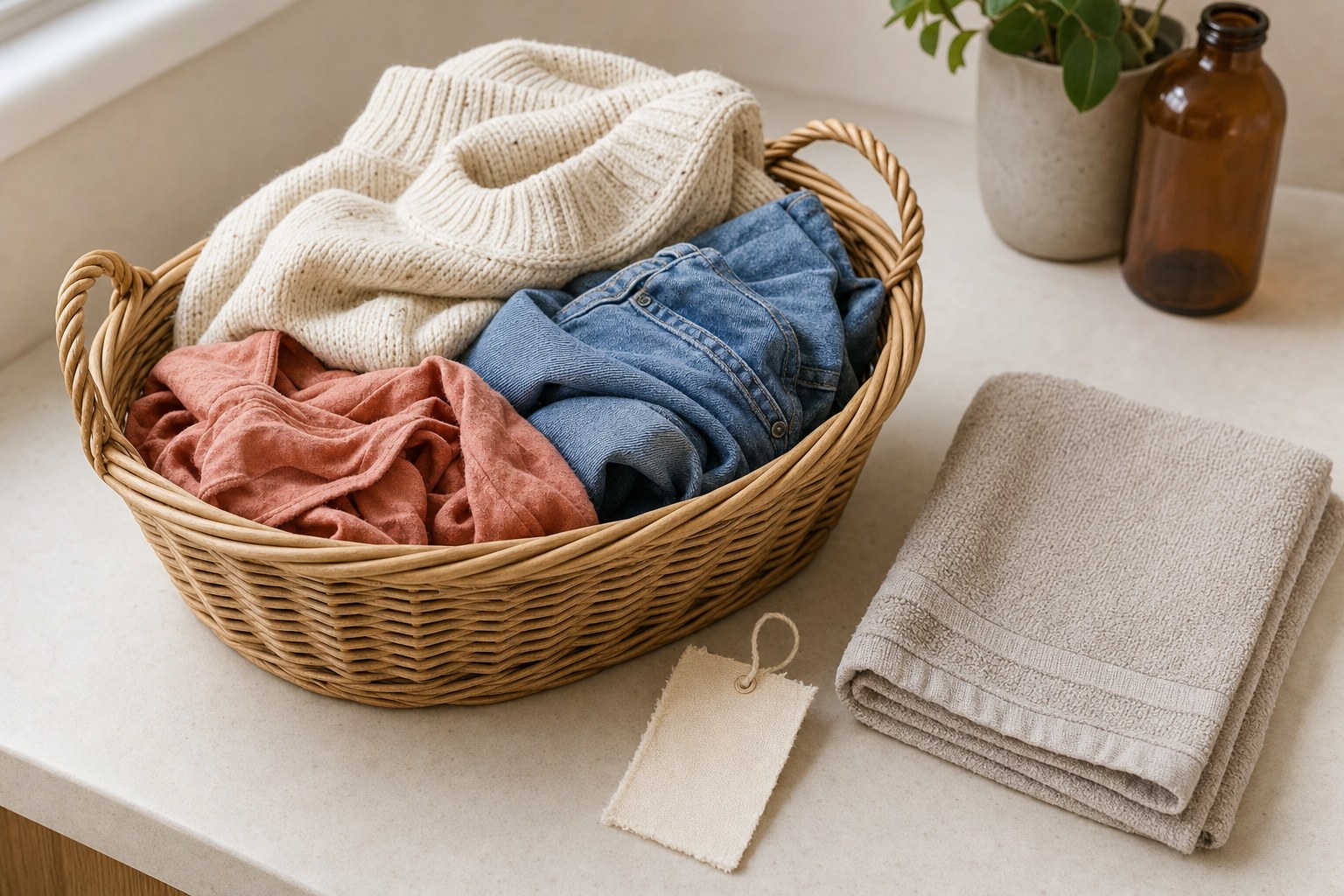 A basket of pre-loved knitwear, denim, and a coral top ready for careful washing