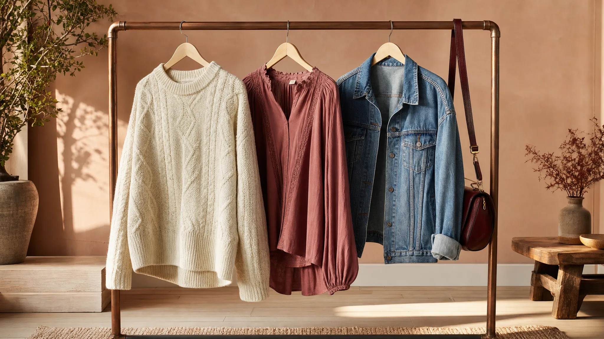 A curated rack of pre-loved clothing in a warm boutique setting