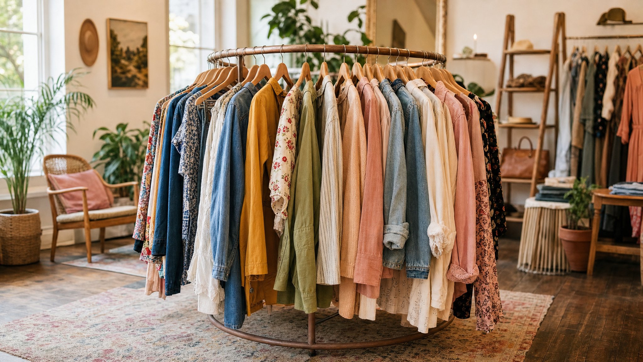 A circular rack of colorful pre-loved clothing in a bright boutique