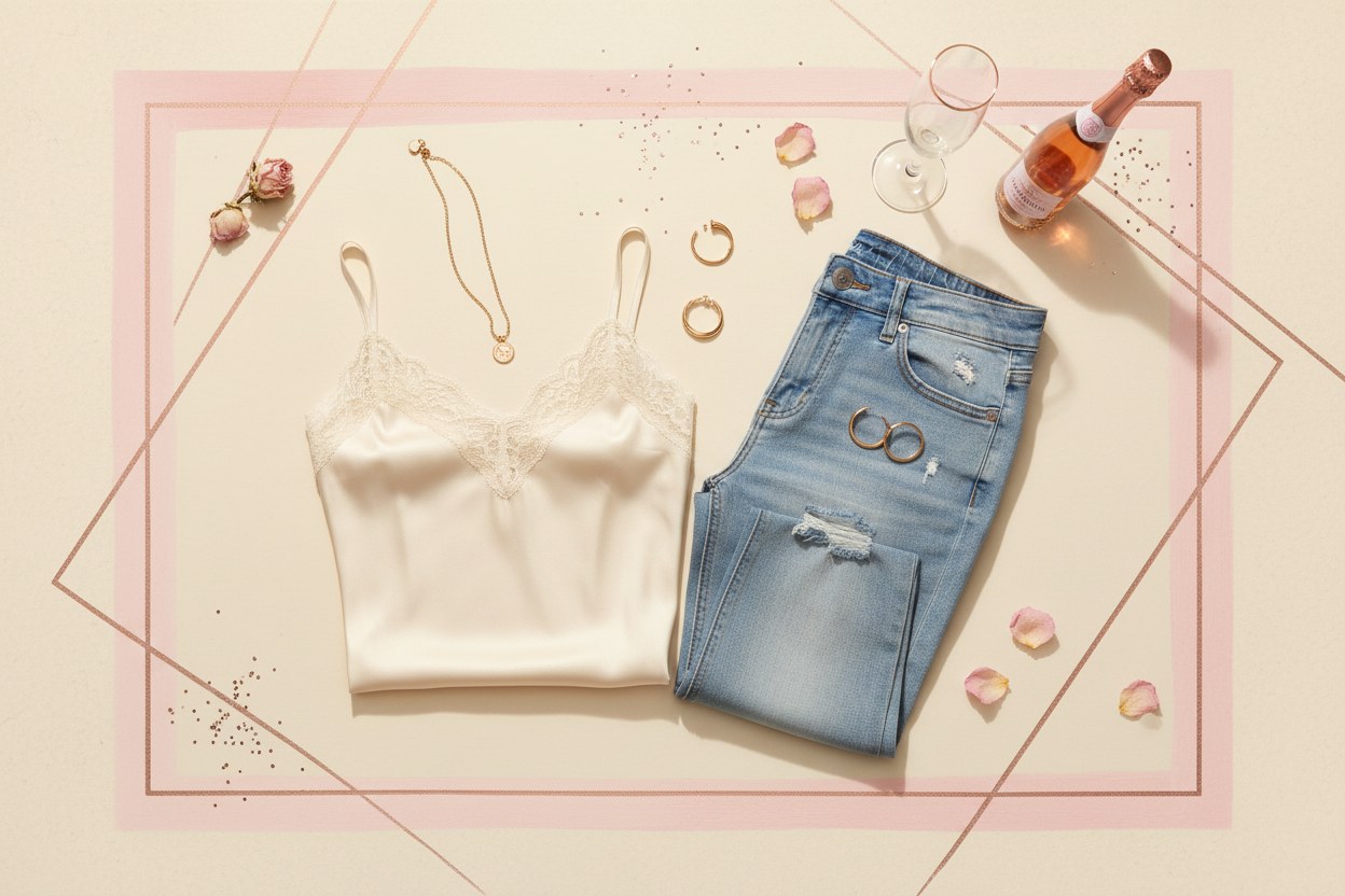 A cream satin camisole, denim jeans, and jewelry arranged together