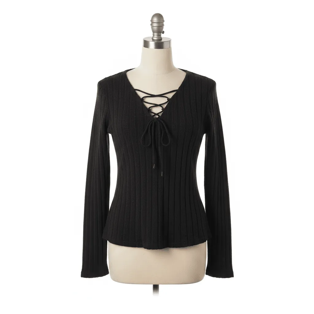 Black Lace-Up V-Neck Knit by SHEIN