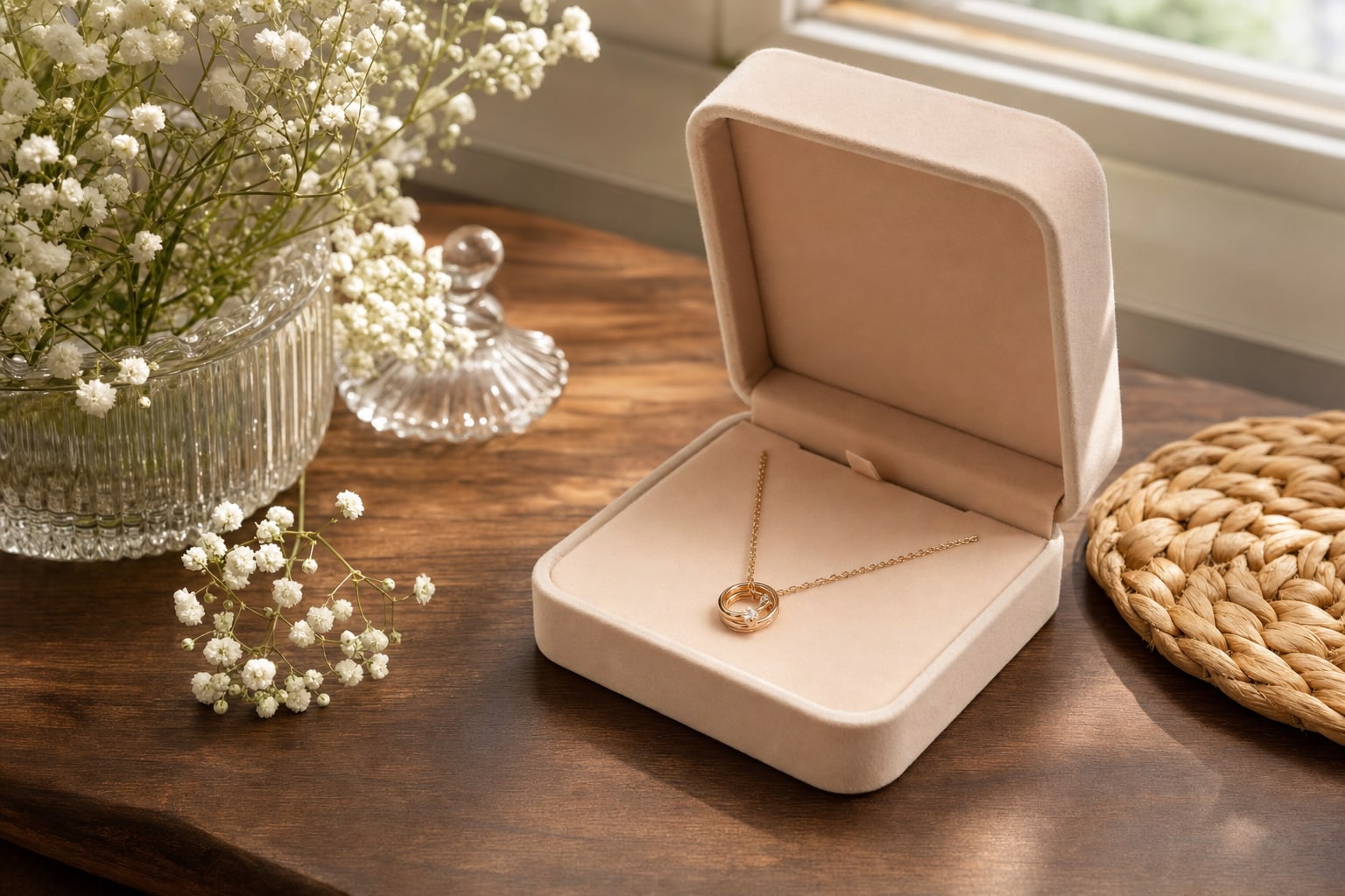 Delicate necklace presented in a blush gift box beside white flowers