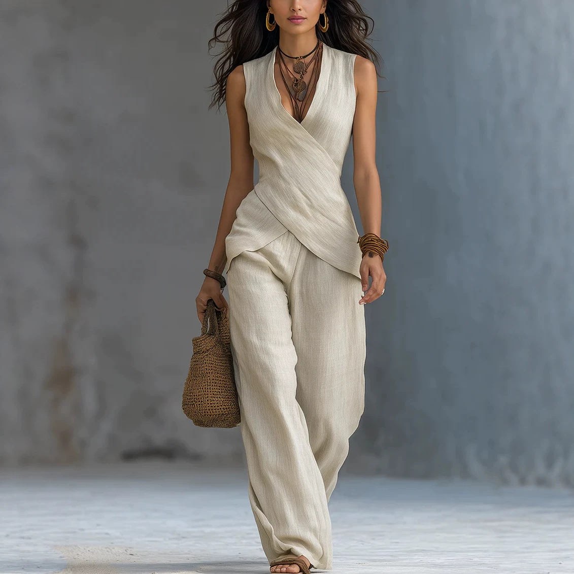 Women's crossover top and tailored trousers set