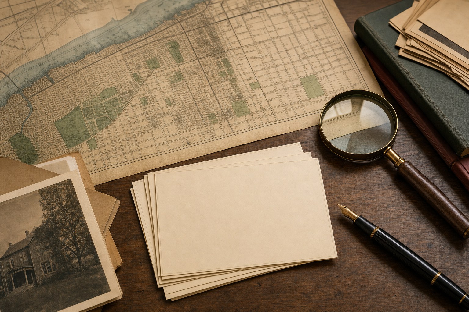 Archival genealogy research desk with old maps and papers