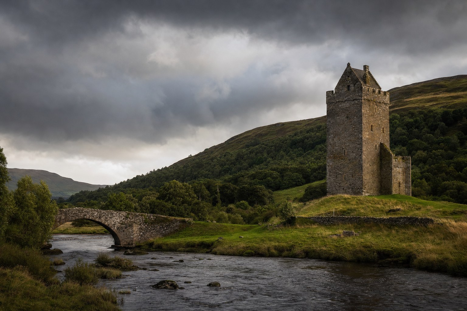 Scottish stone tower and bridge in the Dumfriesshire hills