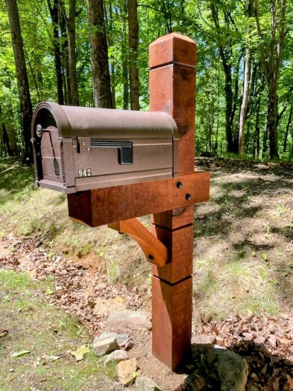 Modern wooden rustic Cedar Mailbox Post: Custom Rough Sawn customized support for your mailbox., view 10