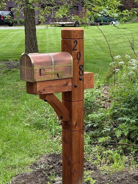 Modern wooden rustic Cedar Mailbox Post: Custom Rough Sawn customized support for your mailbox., view 14