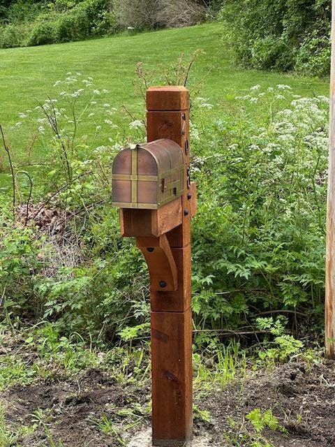 Modern wooden rustic Cedar Mailbox Post: Custom Rough Sawn customized support for your mailbox., view 15