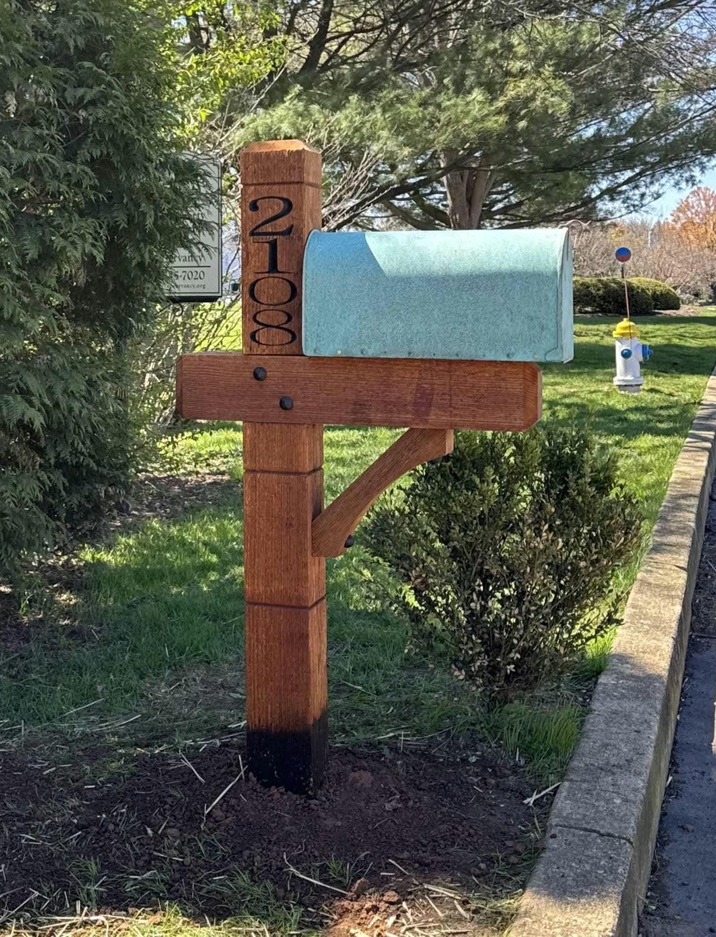Modern wooden rustic Cedar Mailbox Post: Custom Rough Sawn customized support for your mailbox., view 17