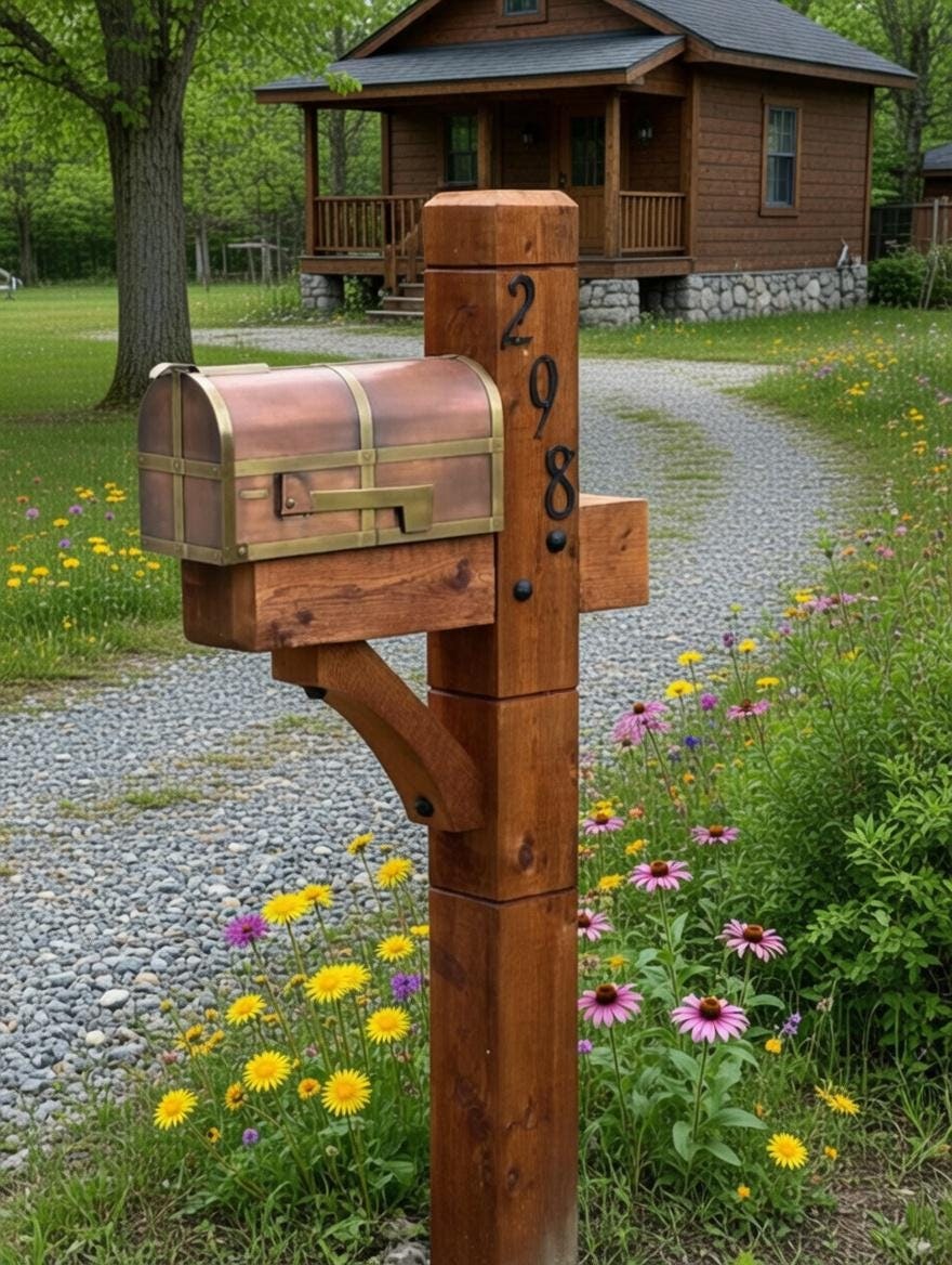 Modern wooden rustic Cedar Mailbox Post: Custom Rough Sawn customized support for your mailbox., view 4