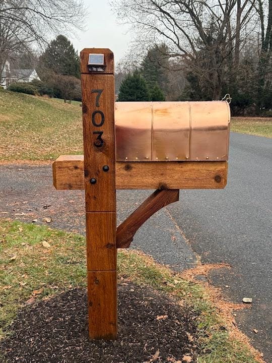 Modern wooden rustic Cedar Mailbox Post: Custom Rough Sawn customized support for your mailbox., view 6