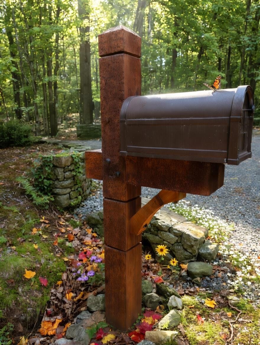 Modern wooden rustic Cedar Mailbox Post: Custom Rough Sawn customized support for your mailbox., view 7