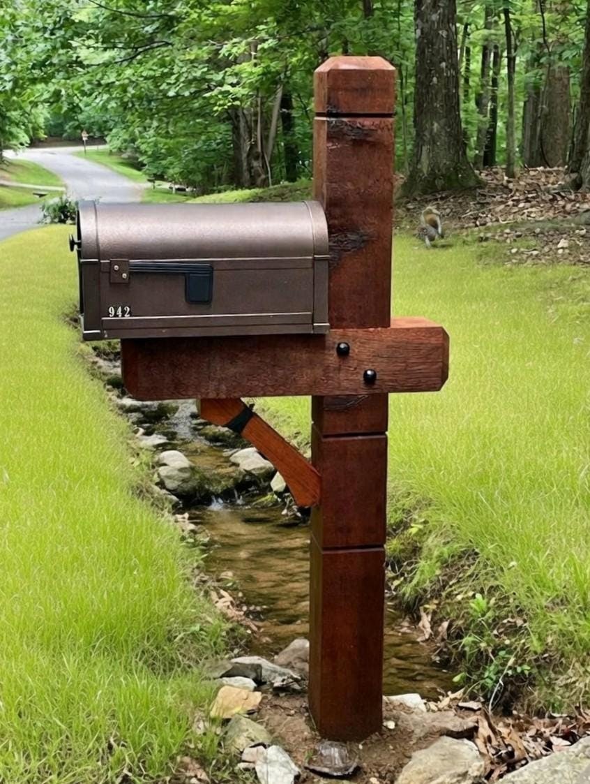 Modern wooden rustic Cedar Mailbox Post: Custom Rough Sawn customized support for your mailbox., view 8
