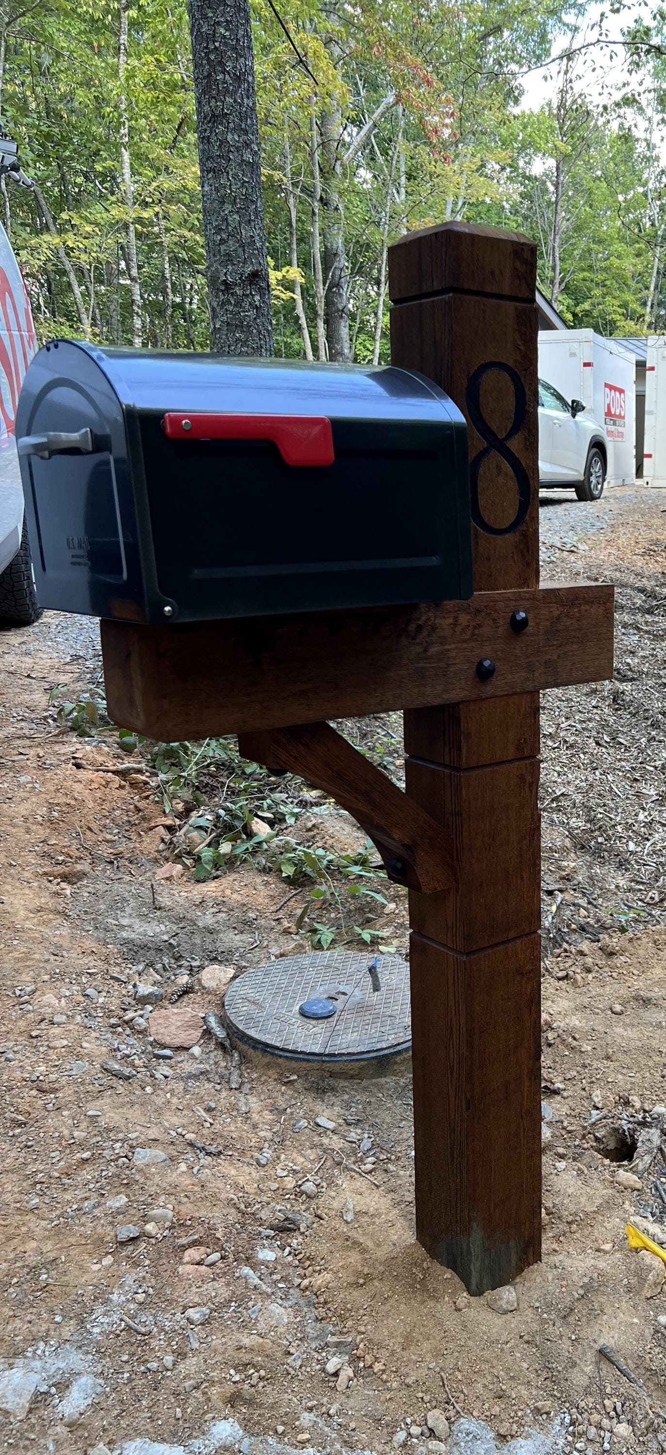 Modern wooden rustic Cedar Mailbox Post: Custom Rough Sawn customized support for your mailbox., view 9