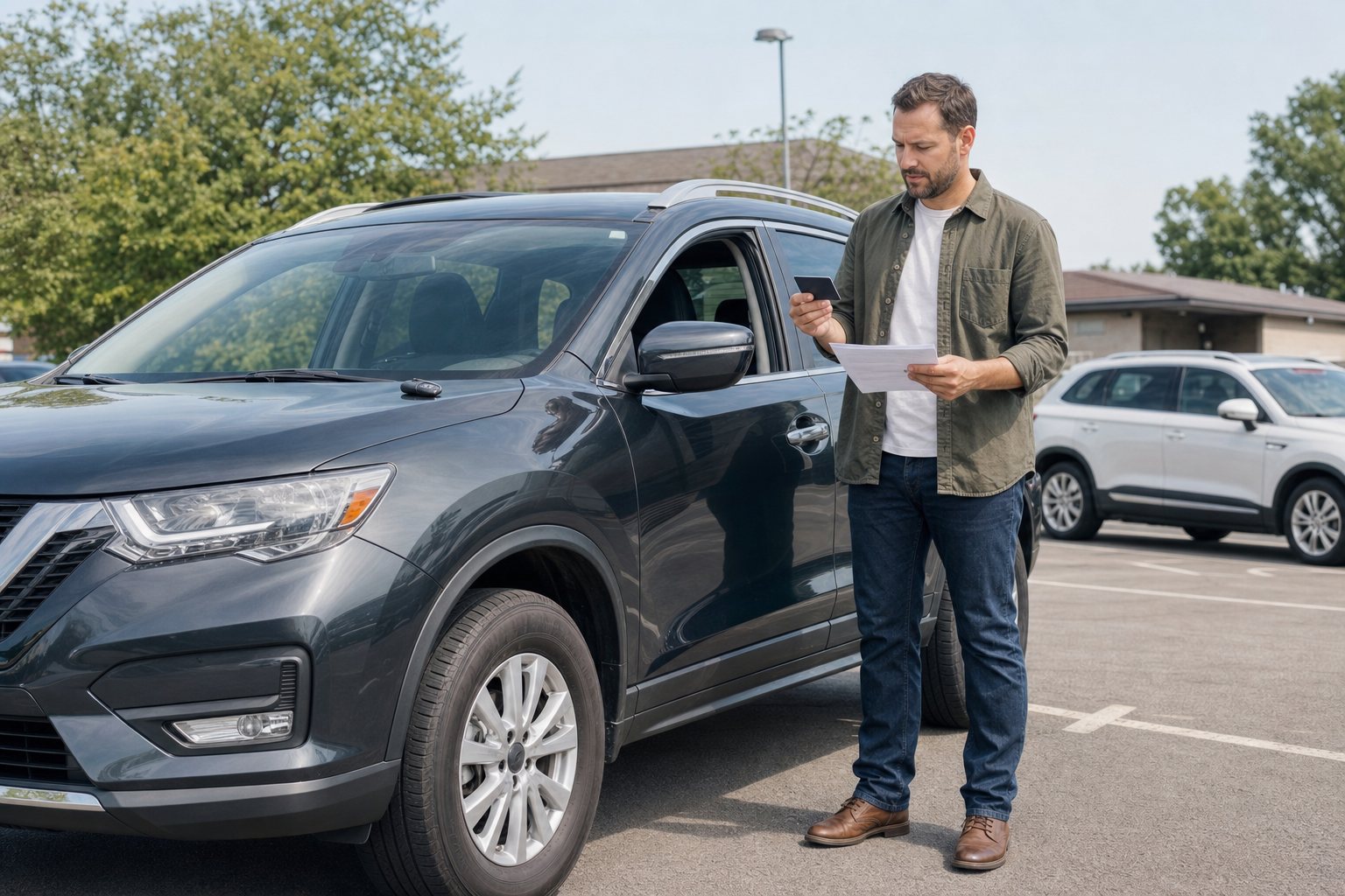Renter reviewing a payment card and rental paperwork beside an SUV