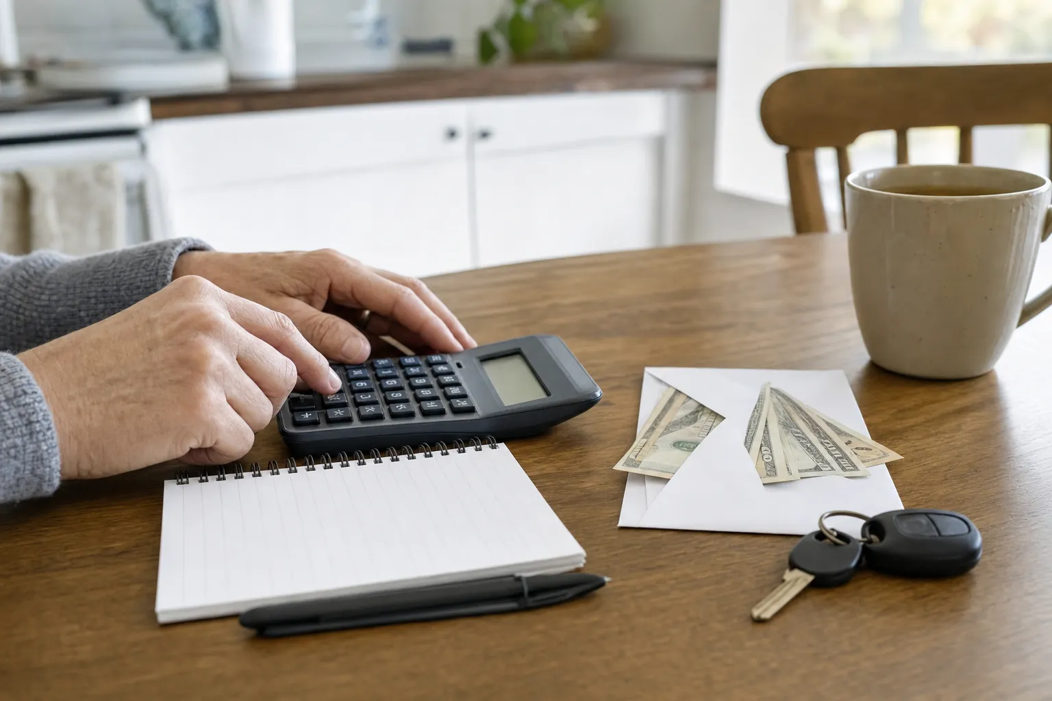 Customer using a calculator beside cash, car keys and a notepad