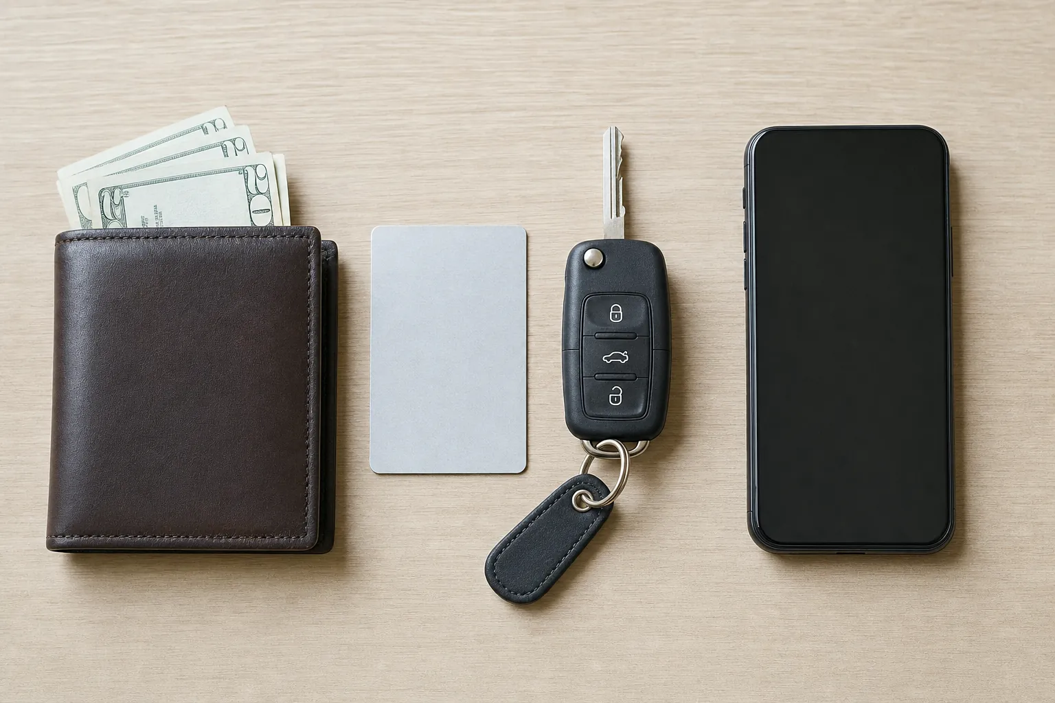 Wallet, cash, car keys, phone and ID card arranged for rental pickup