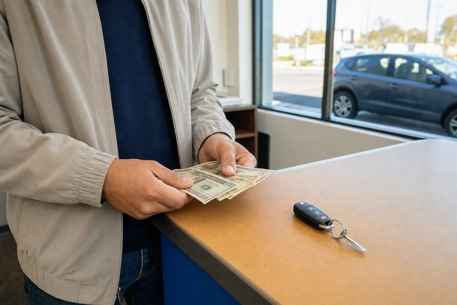 Customer holding cash and a rental-car key fob at a local rental counter