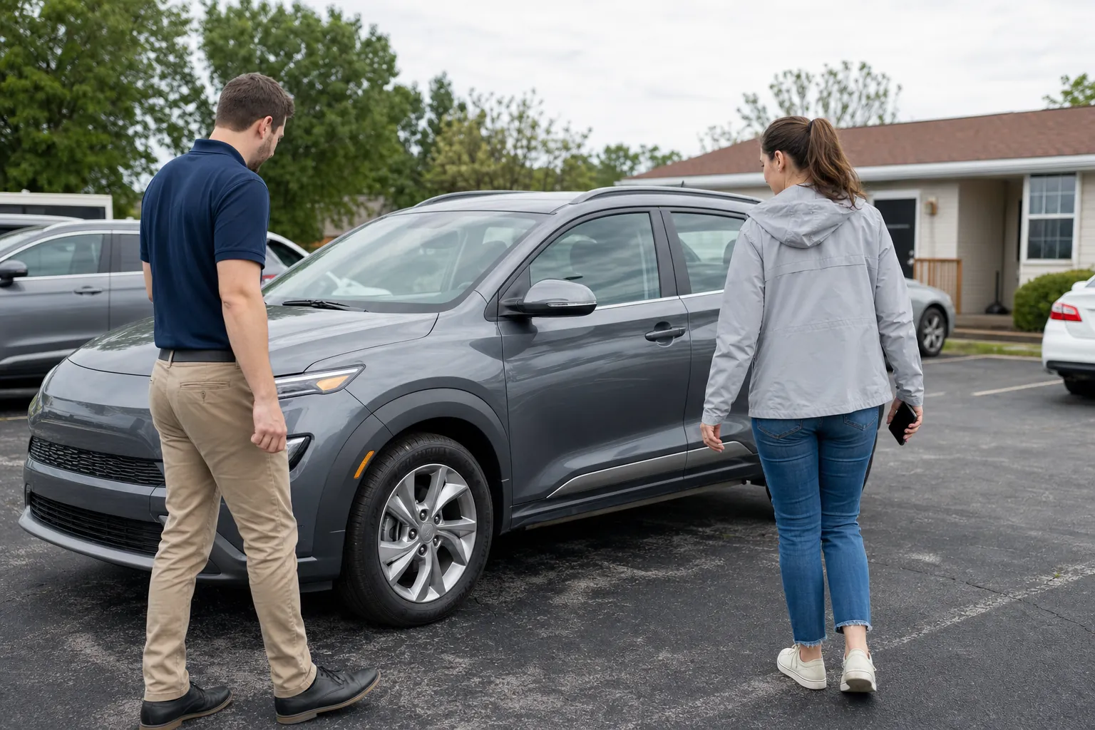 Customer and rental representative inspecting a compact SUV before pickup